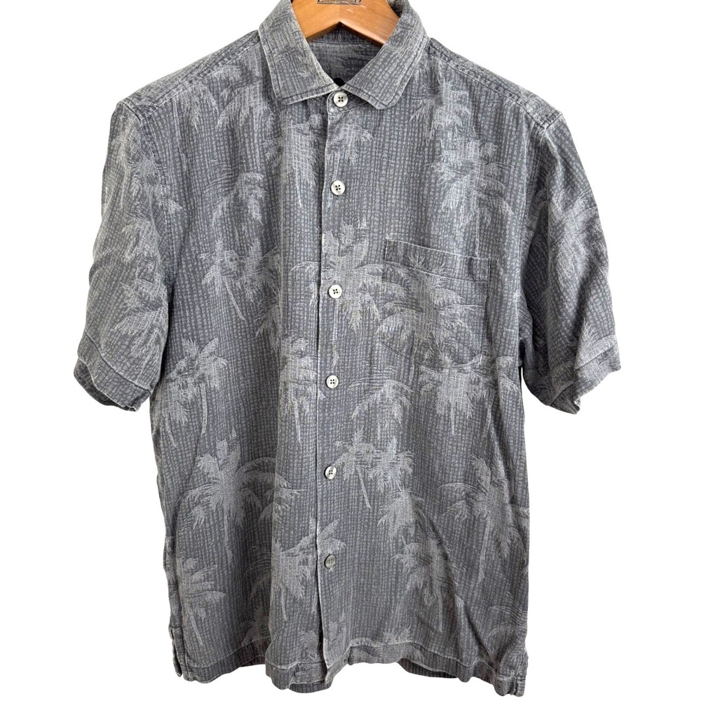Tommy Bahama Silk‎ Camp Shirt Mens Large Gray Palm Tree Button Down Aloha